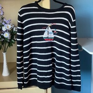 Vtg Sag Harbor Womens Sailboat Novelty Sweater L Striped‎ Nautical Coastal Indie